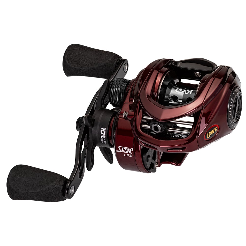 The Lew's KVD LFS Series Casting Reel 7.5:1 Right Hand (KVD1SH) features a maroon and black design, dual handles with foam grips, visible Speed Gears®, and an aluminum frame, delivering KVD Series quality.