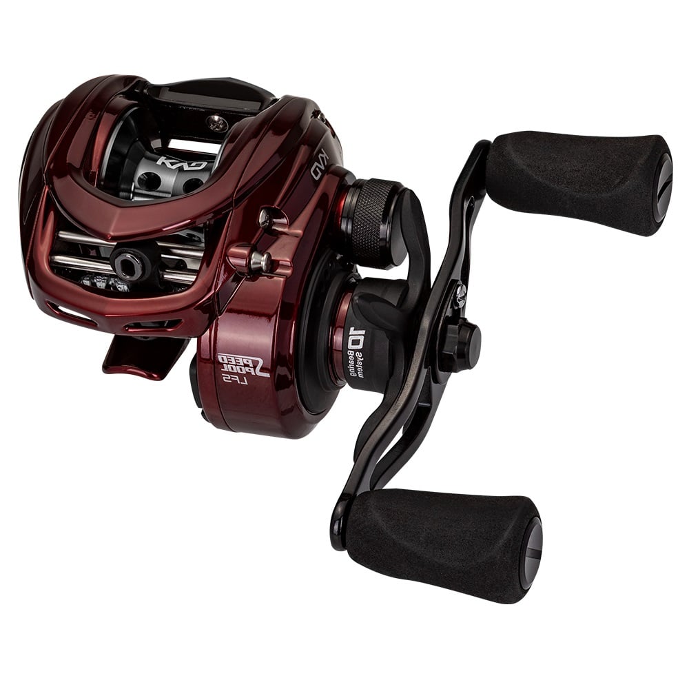A Lew's KVD LFS Series Casting Reel 8.3:1 Left Hand (KVD1XHL) in maroon and black with dual padded handles and visible gear adjustments, shown on a white background.