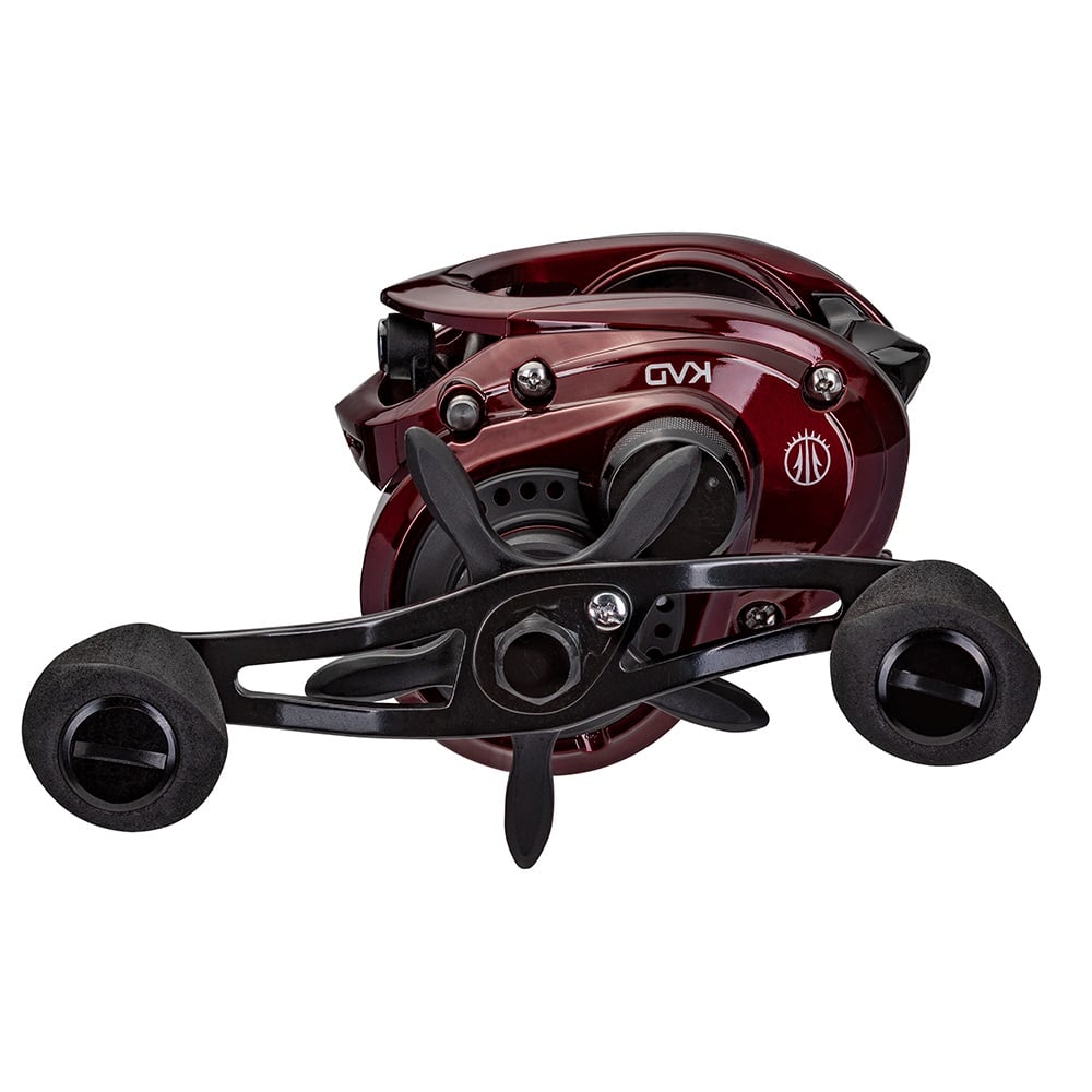 The Lew's KVD LFS Series Casting Reel 8.3:1 Left Hand (KVD1XHL) features a maroon and black design, dual handle grips, and multiple adjustment knobs for sleek, modern performance.