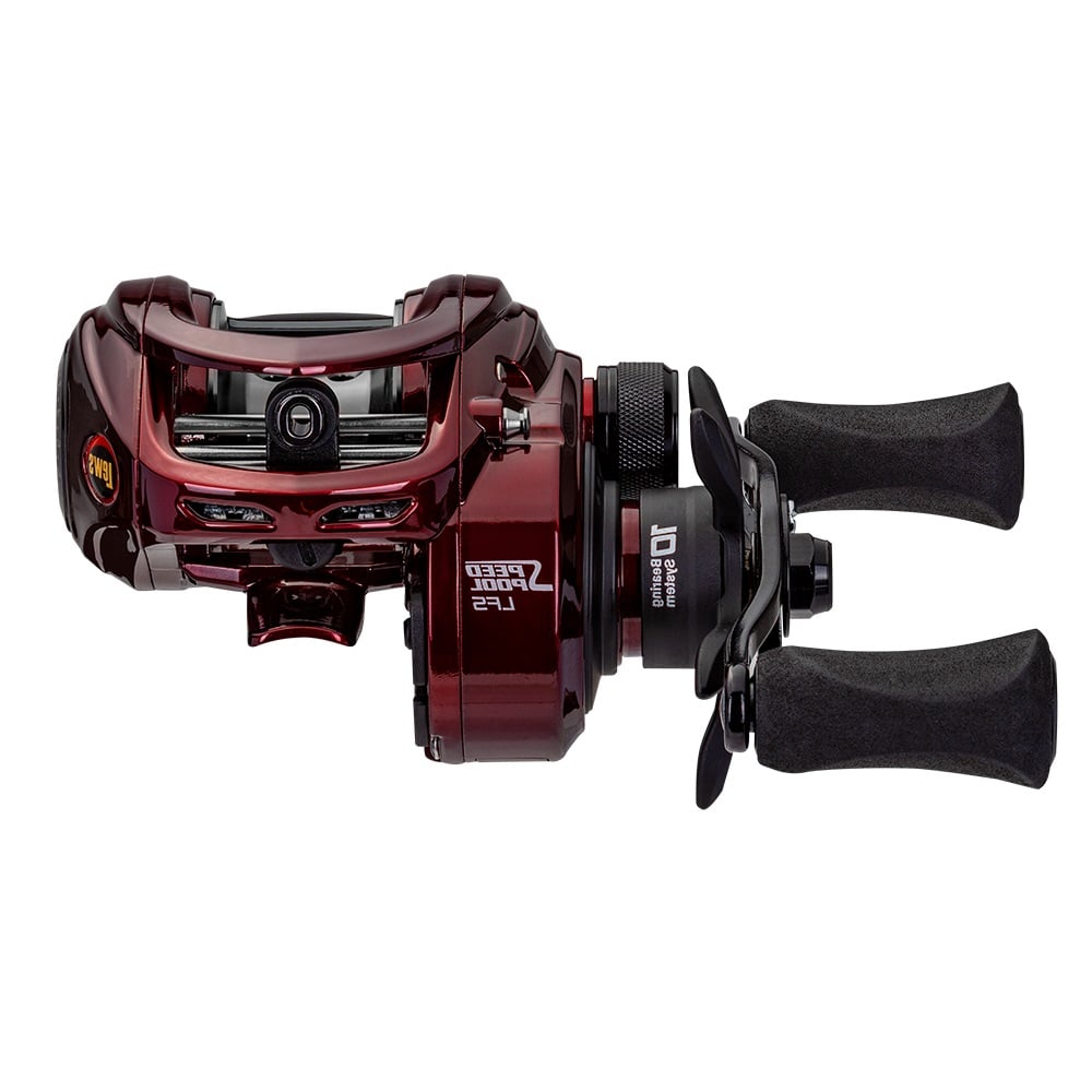 A Lew's KVD LFS Series Casting Reel 6.2:1 Left Hand (KVD1HL) in maroon with dual black foam handles and adjustment knobs is shown from the side against a white background.