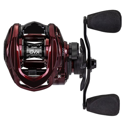 A top view of the Lew's KVD LFS Series Casting Reel 7.5:1 Left Hand (KVD1SHL) showcases its maroon and black design, dual padded handles, visible spool, and precision adjustment knobs.