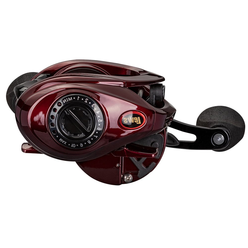 The Lew's KVD LFS Series Casting Reel 8.3:1 Left Hand (KVD1XHL) is shown in maroon with a black handle and adjustment dial, featuring the Lew’s logo and highlighting its compact, modern design.