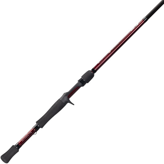 The Lew's KVD Series Graphite Casting Rod 7'4" Heavy Flipping/Pitching (LKVDGC7), featuring a red and black design with a black handle and trigger grip, is displayed diagonally on a white background.