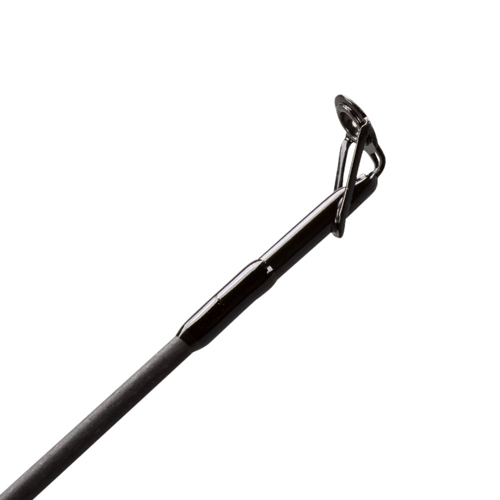 Close-up of the Lew's KVD Series Graphite Casting Rod 7'6" Heavy (LKVDGC8) tip, showing a metal guide ring and glossy black finish against a white background.