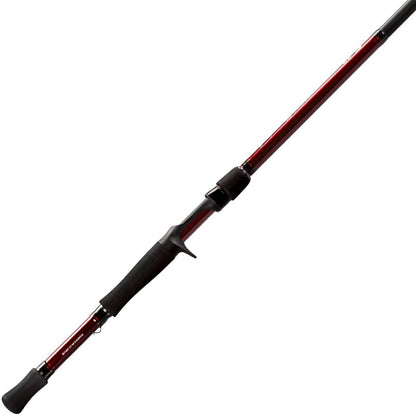 A Lew's KVD Series Composite Casting Rod 7'10" for medium to deep crankbaits, in red and black with a foam grip and trigger-style reel seat, is positioned diagonally against a white background.