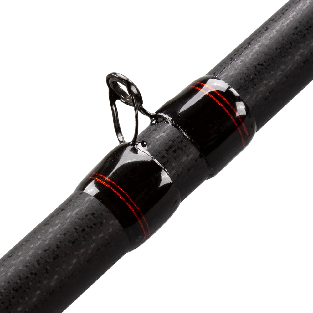 Close-up of a Lew's KVD Series Composite Casting Rod 7'4" Heavy Open Water Bladed Jig/KVD 2.5, featuring red accents and a secure single guide ring—perfect for heavy bladed jig fishing.