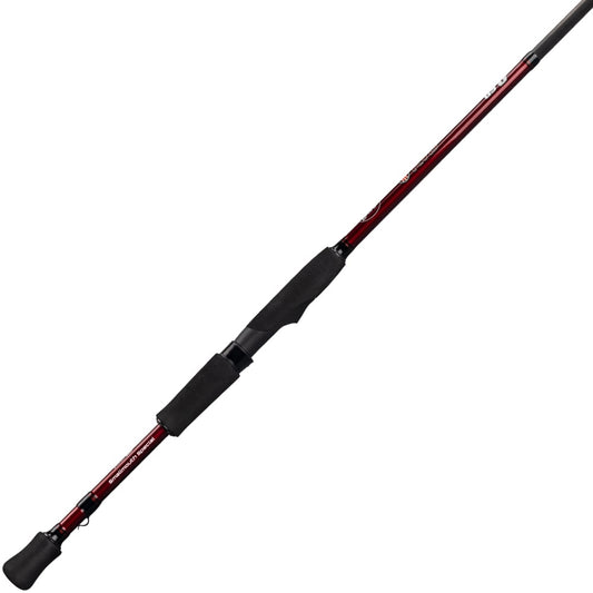 The Lew's KVD Series Graphite Spinning Rod 7'2" Medium Shakey Head/Tube (LKVDGS5) in red and black features black foam grips, a sleek design, and a central reel seat; shown diagonally on a white background.