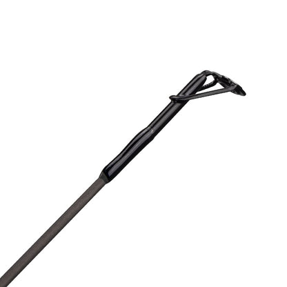 Close-up of the tip of a Lew's KVD Series Graphite Spinning Rod 6'10" Medium Dropshot/Finesse Dock, showing its black guide firmly attached to control and direct fishing line while casting or reeling.