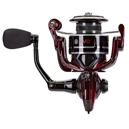 The Lew's KVD Spinning Series Spinning Reel 6.2:1 (KVD300) features a red and black aluminum frame, large handle, metallic accents, and "KVD" lettering on the spool—an eye-catching reel shown from the front.