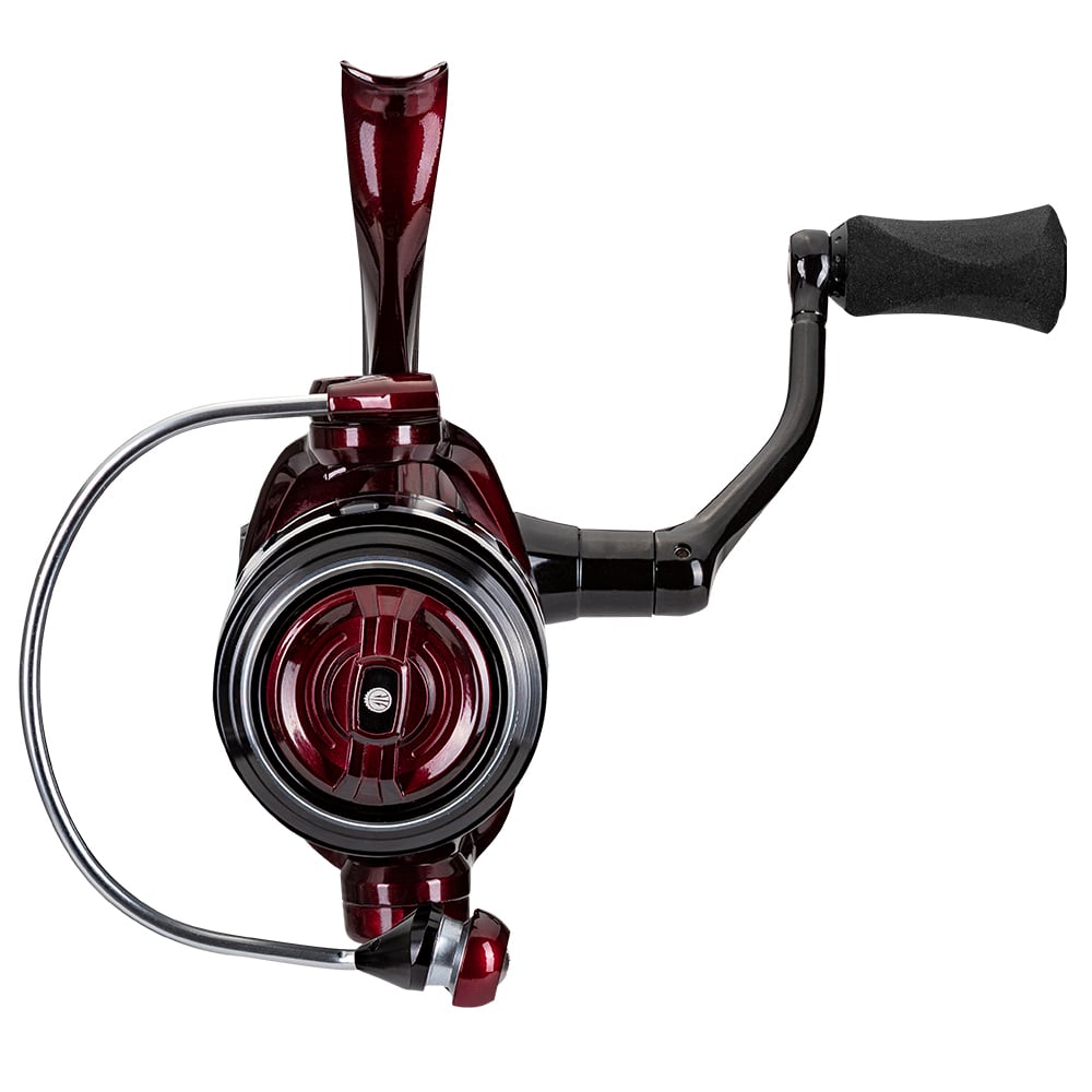 A front close-up of the Lew's KVD Spinning Series Spinning Reel 6.2:1 (KVD300) displays its red and black aluminum frame, foam handle, circular spool, and precise metal detailing.
