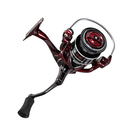 A close-up of the Lew's KVD Spinning Series Reel 6.2:1 (KVD300), featuring a black and red metallic finish, aluminum frame, and foam handle, isolated on white background.