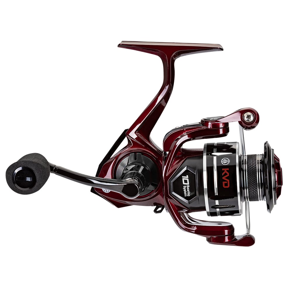 A close-up of the Lew's KVD Spinning Series Spinning Reel 6.2:1 (KVD300) showcases its aluminum frame, red and black accents, left-side handle, and "KVD" branding on the spool against a white background.