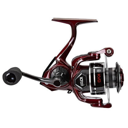 A close-up of the Lew's KVD Spinning Series Spinning Reel 6.2:1 (KVD300) showcases its aluminum frame, red and black accents, left-side handle, and "KVD" branding on the spool against a white background.