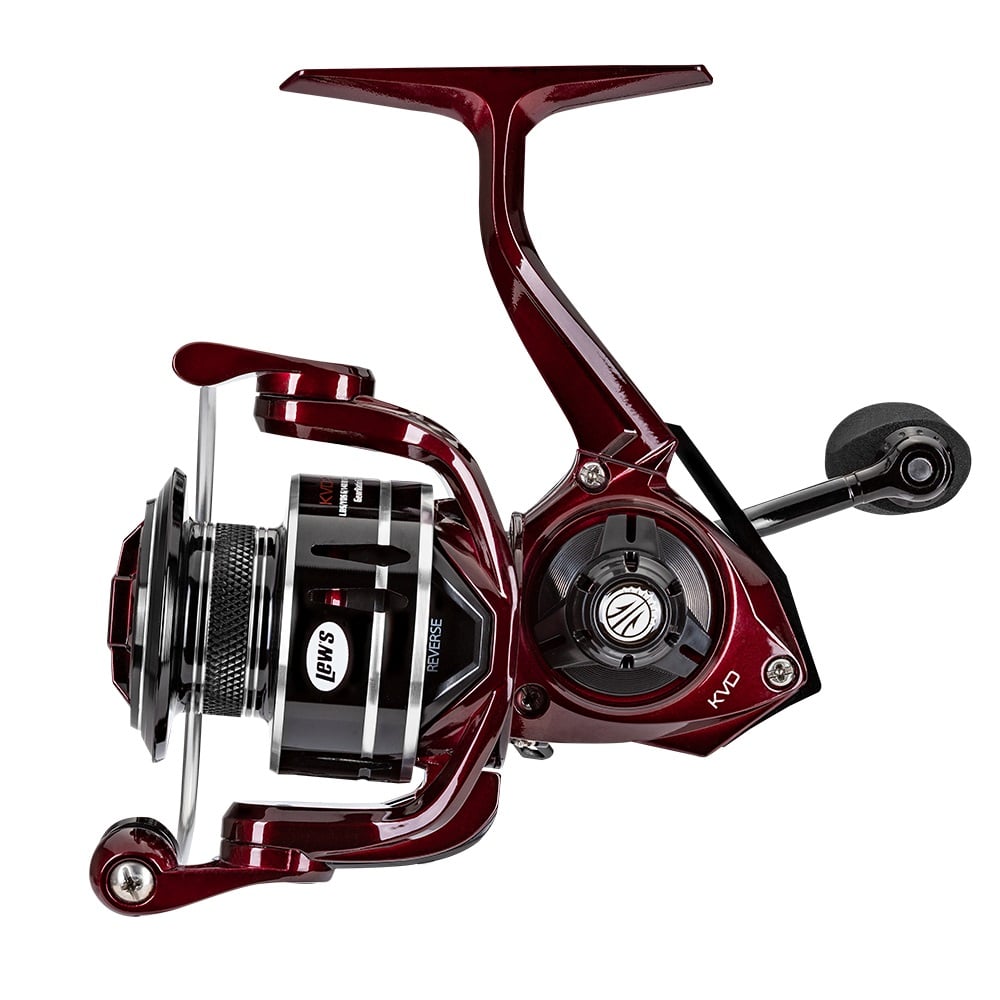 The Lew's KVD Spinning Series Spinning Reel 6.2:1 (KVD300) features a red and black design with handle, spool, and adjustment knobs, shown against a white background.