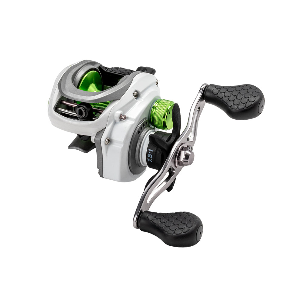 A close-up of the Lew's Mach 1 Gen 3 Casting Reel 7.5:1 LH (MH1SHLG3), a white and green baitcast reel by Lew's featuring a silver handle with two black textured grips, shown against a plain white background.