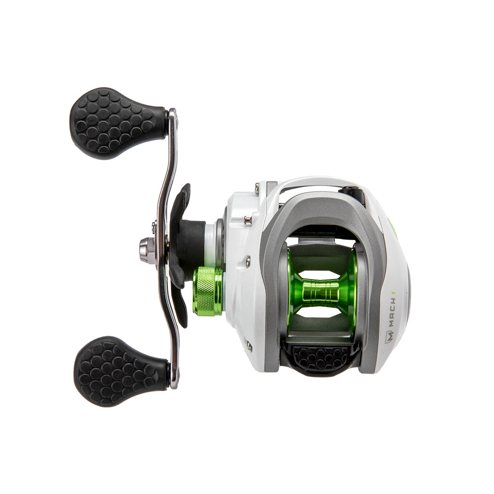 The Lew's Mach 1 Gen 3 Casting Reel 7.5:1 LH (MH1SHLG3) features a silver and green design with two black grip handles, displayed against a white background.