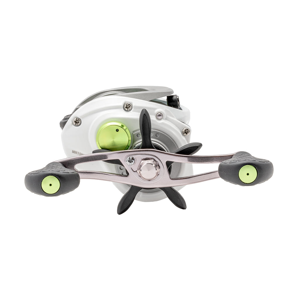Front view of the Lew's Mach 1 Gen 3 Casting Reel 7.5:1 LH by Lew's, showcasing its white and silver body, black handles with green accents, adjustment knobs, and precise 7.5:1 gear ratio.