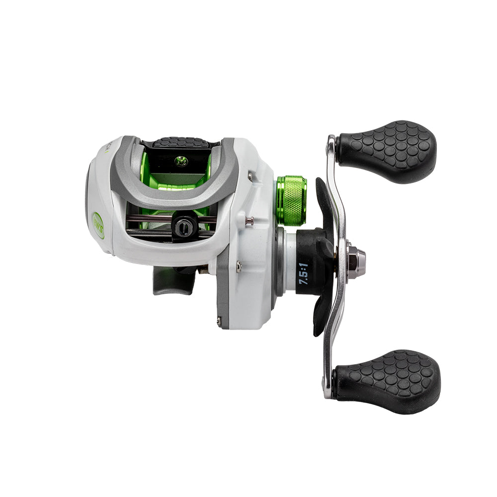 The Lew's Mach 1 Gen 3 Casting Reel 7.5:1 LH (MH1SHLG3) features a white and green design, black textured dual handles, and a visible spool, all shown isolated on a white background.