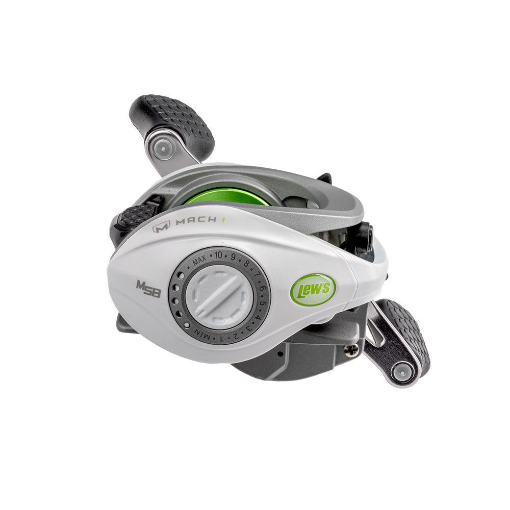 The Lew's Mach 1 Gen 3 Casting Reel 7.5:1 LH (MH1SHLG3) features ergonomic handles, a large adjustment dial, and a fast 7.5:1 gear ratio in a stylish silver and gray design with green accents.