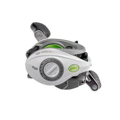 The Lew's Mach 1 Gen 3 Casting Reel 7.5:1 LH (MH1SHLG3) features ergonomic handles, a large adjustment dial, and a fast 7.5:1 gear ratio in a stylish silver and gray design with green accents.