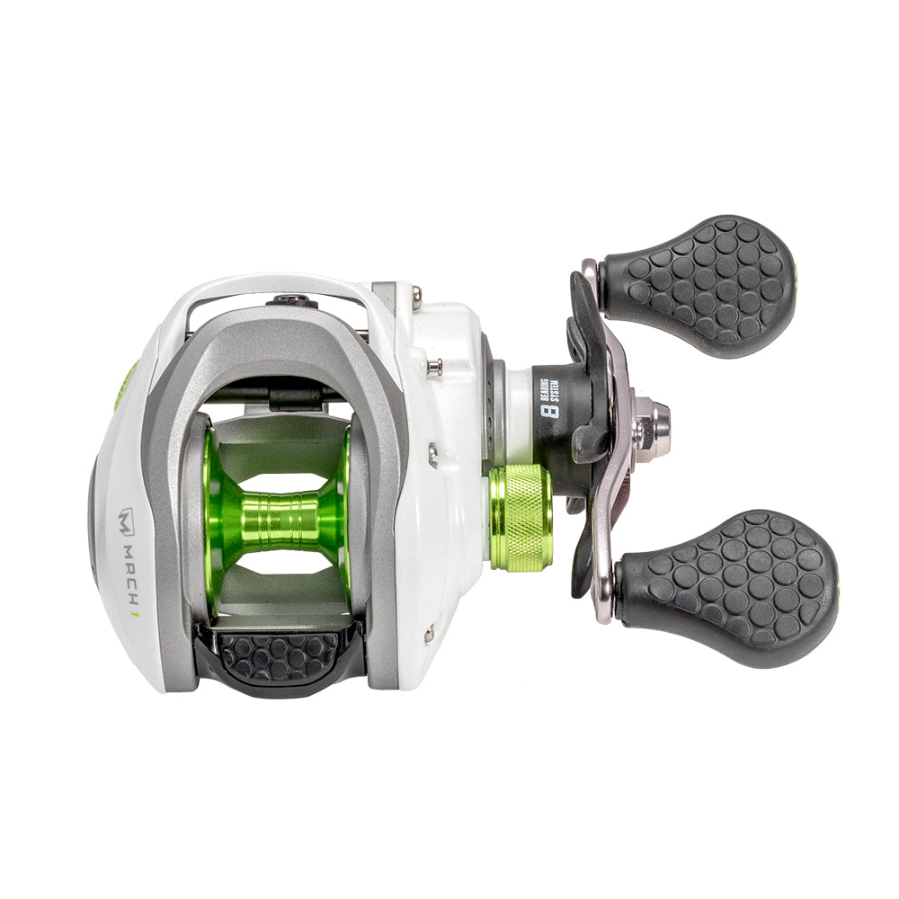 The Lew's Mach 1 Gen 3 Casting Reel 7.5:1 RH (MH1SHG3) by Lew's is shown from the side, featuring a white and silver design with green accents and two black textured handles, set against a white background.