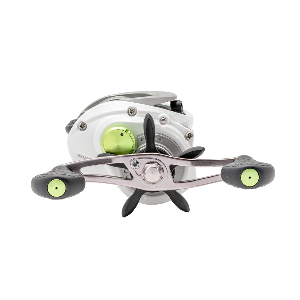 A close-up of the Lew's Mach 1 Gen 3 Casting Reel 7.5:1 RH (MH1SHG3) shows its metallic silver body, black double handle grips, and lime green accents—a sleek baitcast reel from Lew's with a fast 7.5:1 gear ratio.
