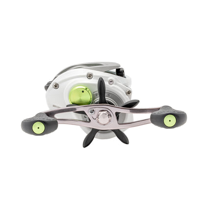 A close-up of the Lew's Mach 1 Gen 3 Casting Reel 7.5:1 RH (MH1SHG3) shows its metallic silver body, black double handle grips, and lime green accents—a sleek baitcast reel from Lew's with a fast 7.5:1 gear ratio.