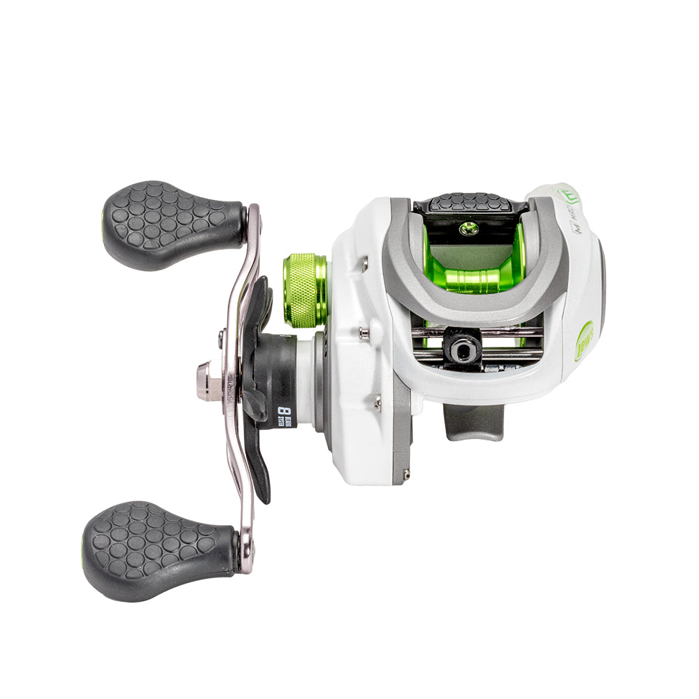 A Lew's Mach 1 Gen 3 Casting Reel 7.5:1 RH (MH1SHG3) is pictured from above, featuring a white and green design and two black textured handles against a white background.
