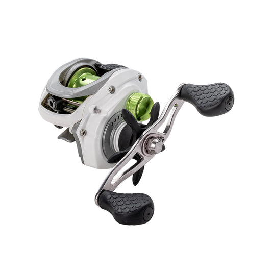 The Lew's Mach 1 SS Gen 3 Casting Reel 7.5:1 LH (MHSS1SHLG3) by Lew's features a white and green design, dual black handles with textured grips, and is displayed against a plain white background.
