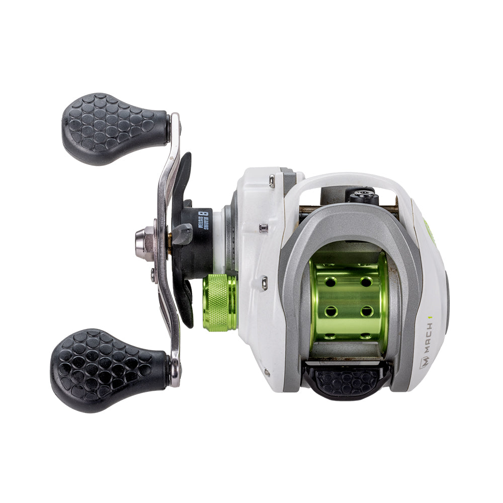 The Lew's Mach 1 SS Gen 3 Casting Reel 7.5:1 LH features a white and gray body, green spool, and two black textured handles. This Lew's baitcast reel is shown from above.