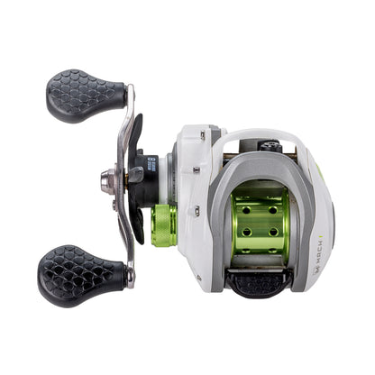 The Lew's Mach 1 SS Gen 3 Casting Reel 7.5:1 LH features a white and gray body, green spool, and two black textured handles. This Lew's baitcast reel is shown from above.