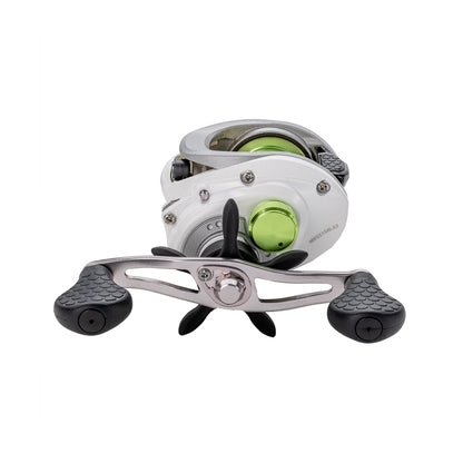 A front view of the Lew's Mach 1 SS Gen 3 Casting Reel 7.5:1 LH (MHSS1SHLG3) in white and silver, featuring black textured handles and a green spool, is shown on a plain white background.