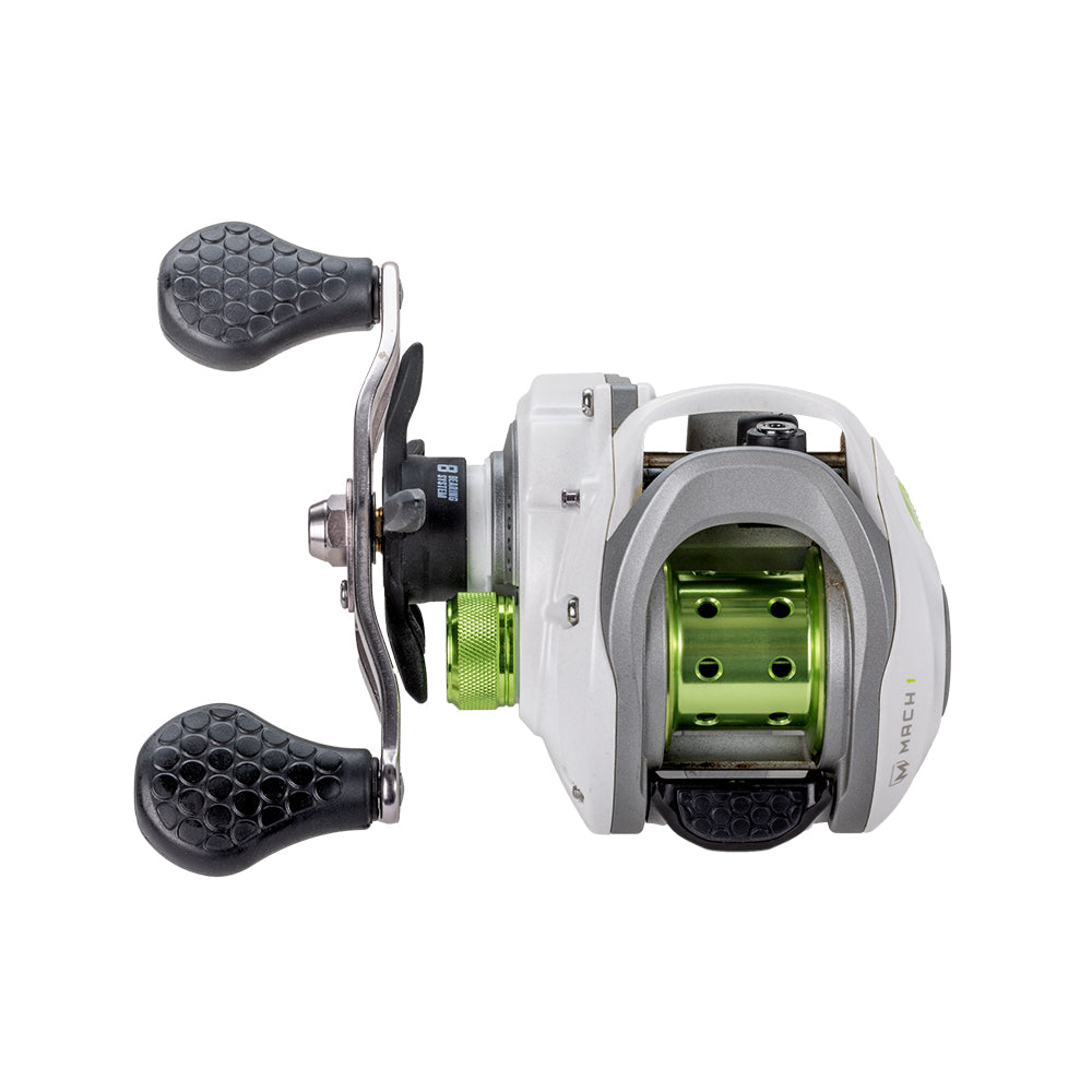 A Lew's Mach 1 SS Gen 3 Casting Reel 7.5:1 RH (MHSS1SHG3) in silver and green, with two black textured handle grips, is pictured from the side on a white background.