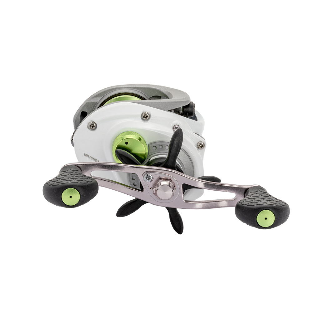 A close-up of the Lew's Mach 1 SS Gen 3 Casting Reel 7.5:1 RH (MHSS1SHG3) by Lew's, featuring a white and silver body with green accents and black rubber handles, displayed on a plain white background.