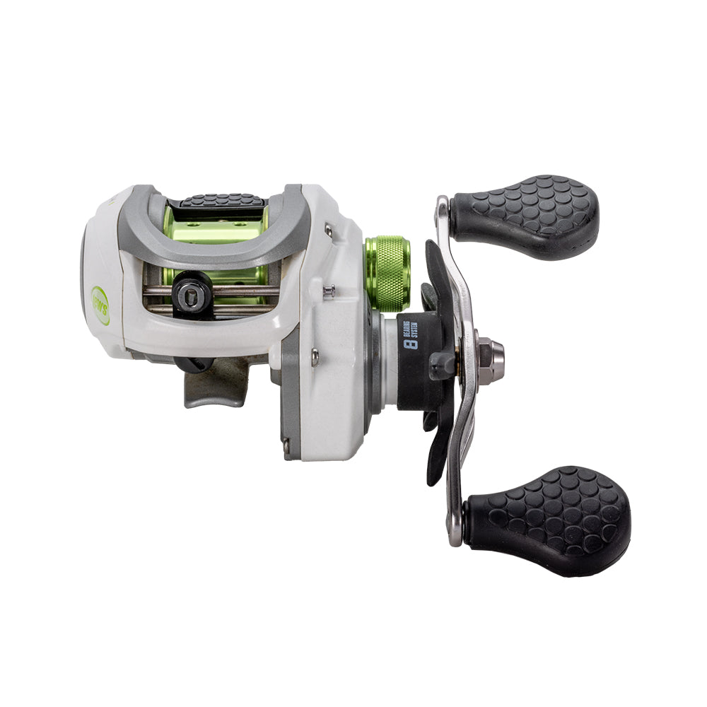 A close-up of the Lew's Mach 1 SS Gen 3 Casting Reel 7.5:1 RH (MHSS1SHG3) shows its white and green body, black textured double handles, and metallic parts, isolated on a white background. Brand: Lew's.
