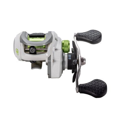 A close-up of the Lew's Mach 1 SS Gen 3 Casting Reel 7.5:1 RH (MHSS1SHG3) shows its white and green body, black textured double handles, and metallic parts, isolated on a white background. Brand: Lew's.