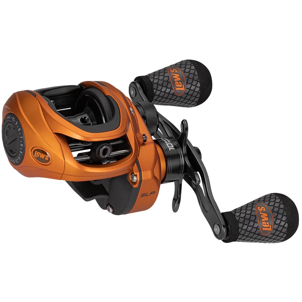 The Lew's Mach Crush SLP Series Casting Reel 7.5:1 Left Hand (MCR1SHLA) features a sleek orange and black design, dual ergonomic textured handles, and a high-speed gear ratio for smooth baitcasting performance.