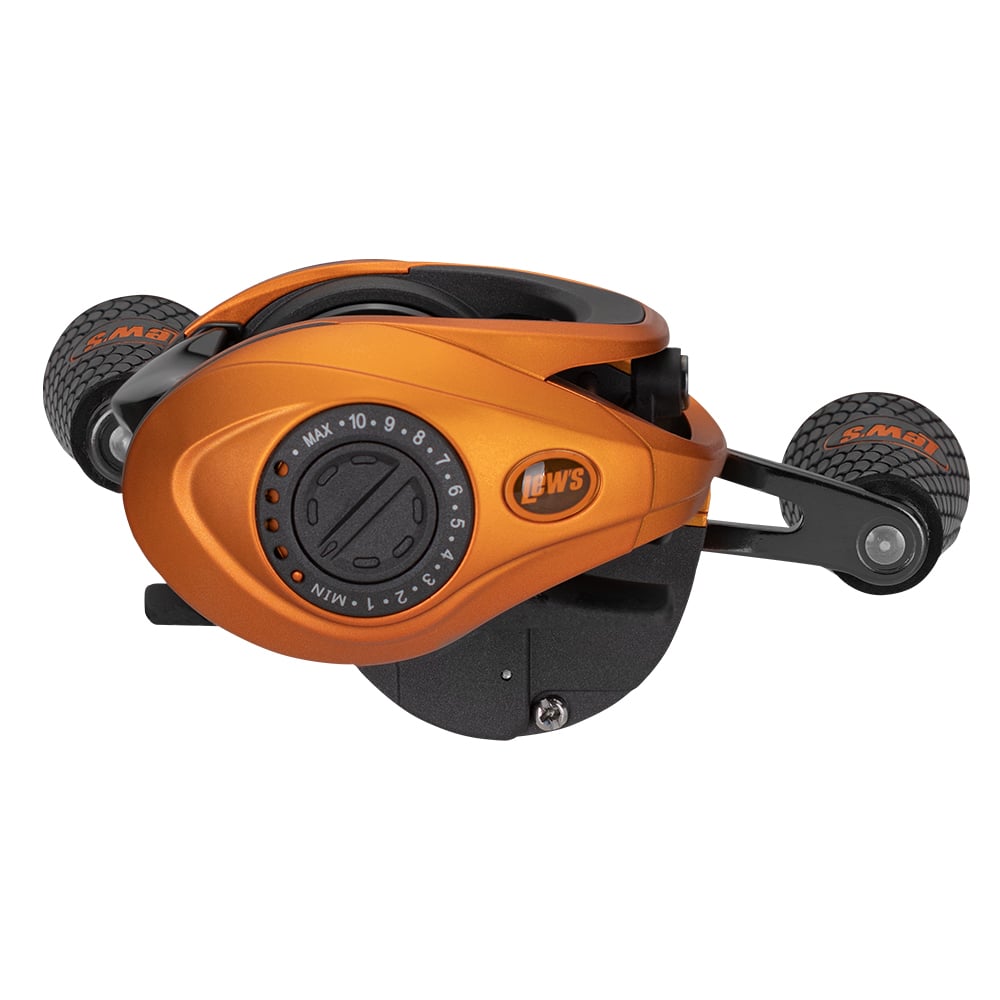 A close-up of the Lew's Mach Crush SLP Series Casting Reel 7.5:1 Left Hand (MCR1SHLA), featuring an orange design, black and gray handles, and a numbered side dial—ideal for anglers seeking a high-speed gear ratio.
