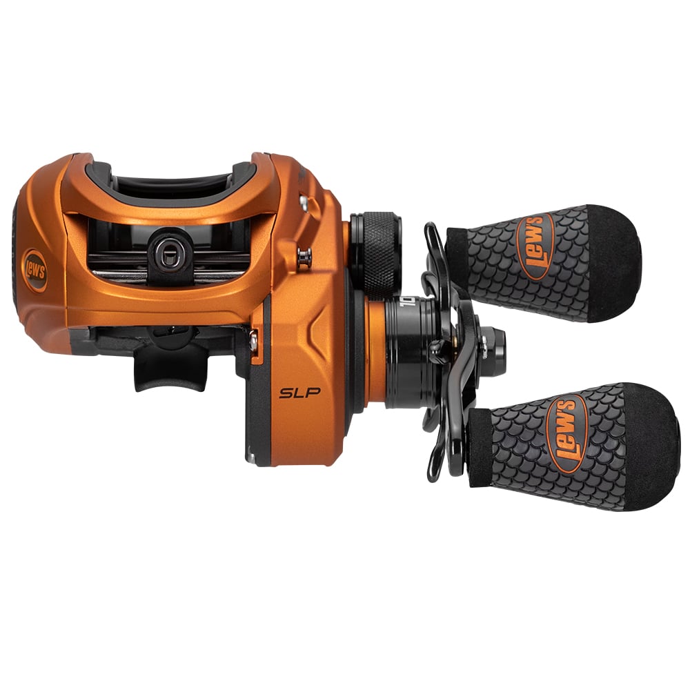 The Lew's Mach Crush SLP Series Casting Reel 7.5:1 Left Hand (MCR1SHLA) features an orange body, dual black-and-orange padded handles with textured grips, Lew's branding, and a high-speed gear ratio for smooth retrieves.