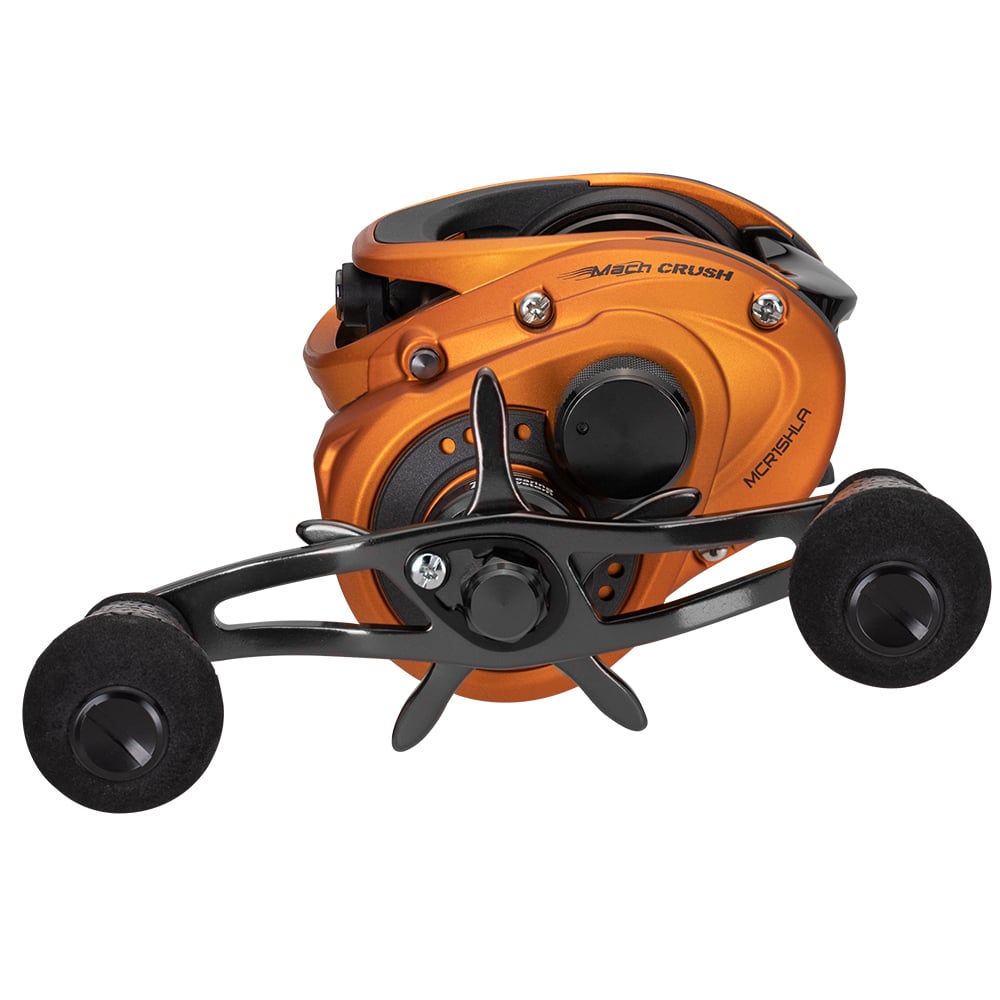A close-up of the Lew's Mach Crush SLP Series Casting Reel 7.5:1 Left Hand (MCR1SHLA) in orange and black, featuring dual-handle crank, modern design, and "Mach Crush" branding.