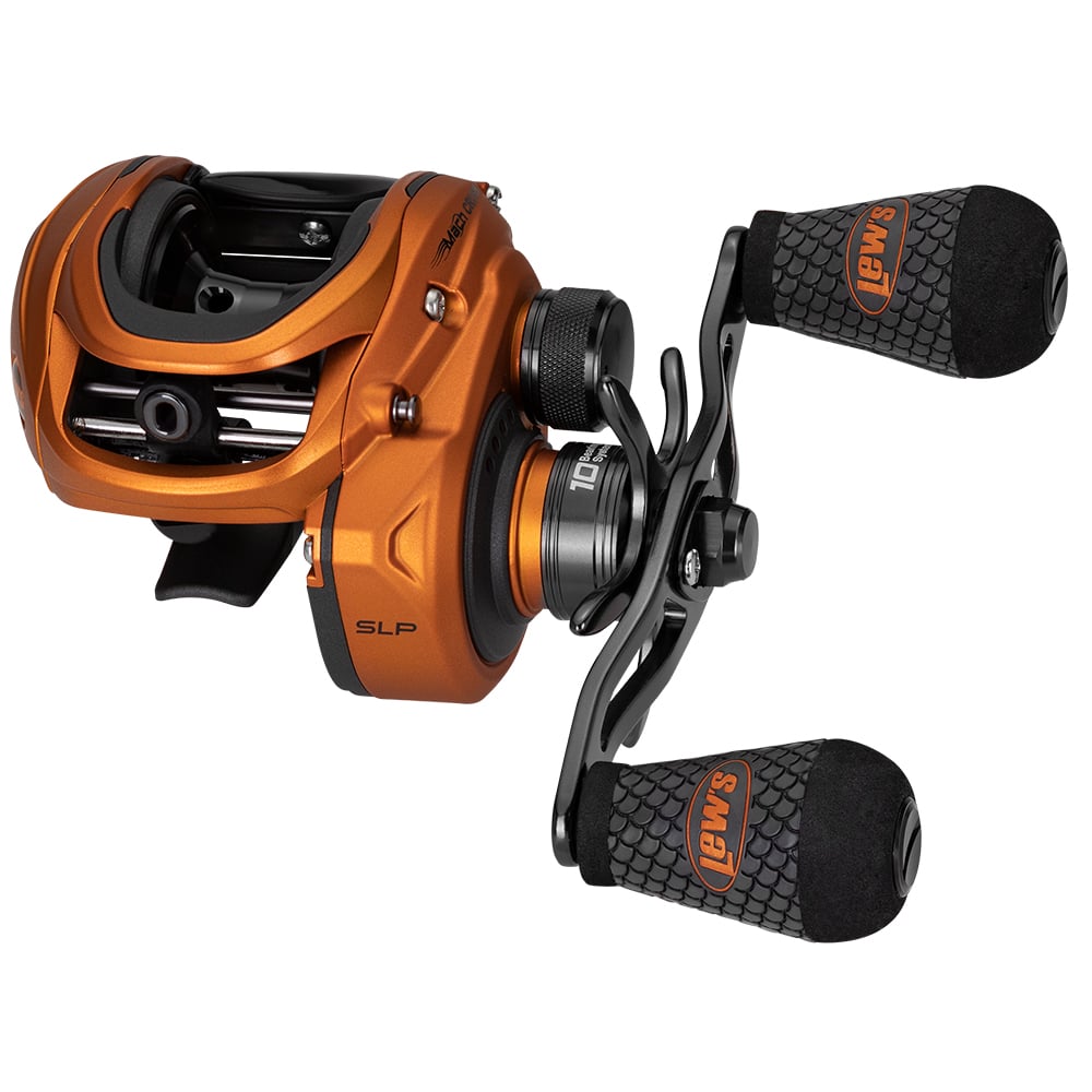 A close-up of the Lew's Mach Crush SLP Series Casting Reel 7.5:1 Left Hand showcases dual handles with orange "Lew's" foam grips, visible adjustment knobs, and a sleek, modern design engineered for high speed gear performance.