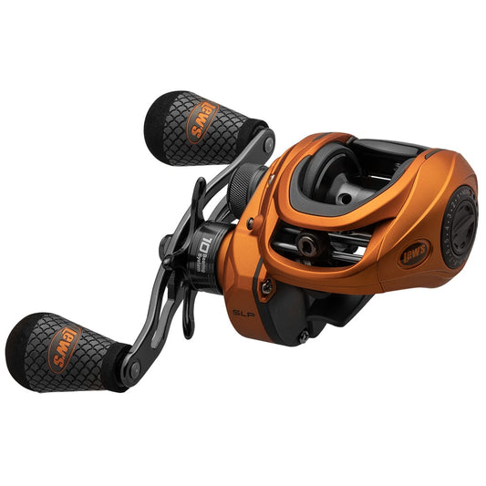 The Lew's Mach Crush SLP Series Casting Reel 7.5:1 Right Hand (MCR1SHA) features an orange and black design, dual-textured handles, bold branding, high-speed gear ratio, and a sleek modern look.