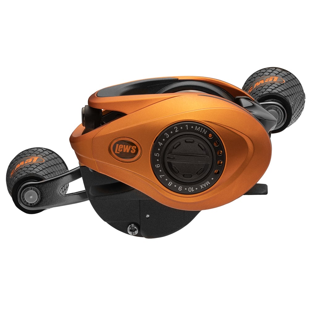 A close-up of the Lew's Mach Crush SLP Series Casting Reel 7.5:1 Right Hand (MCR1SHA), featuring orange finish with black handles and adjustment dial, is shown against a white background.