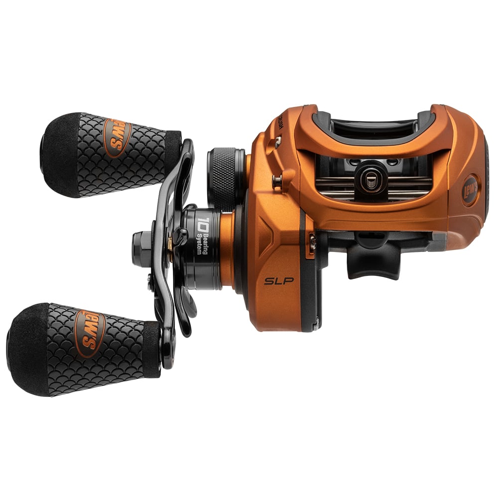 A Lew's Mach Crush SLP Series Casting Reel 7.5:1 Right Hand (MCR1SHA) in orange and black is shown from the side, featuring high-speed gear ratio, dual textured handles, and detailed adjustment dials against a white background.