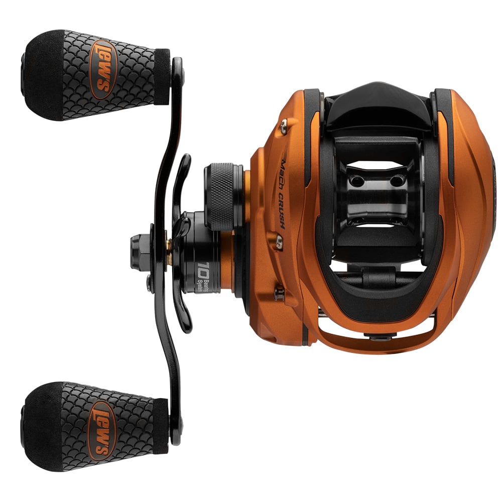 The Lew's Mach Crush SLP Series Casting Reel 7.5:1 Right Hand (MCR1SHA) features orange and black styling, two large textured handles, and the Lew's brand name printed on each handle grip.