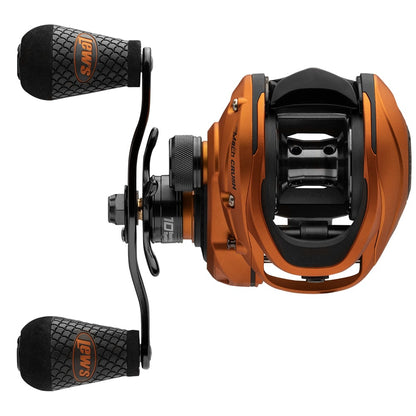 The Lew's Mach Crush SLP Series Casting Reel 7.5:1 Right Hand (MCR1SHA) features orange and black styling, two large textured handles, and the Lew's brand name printed on each handle grip.