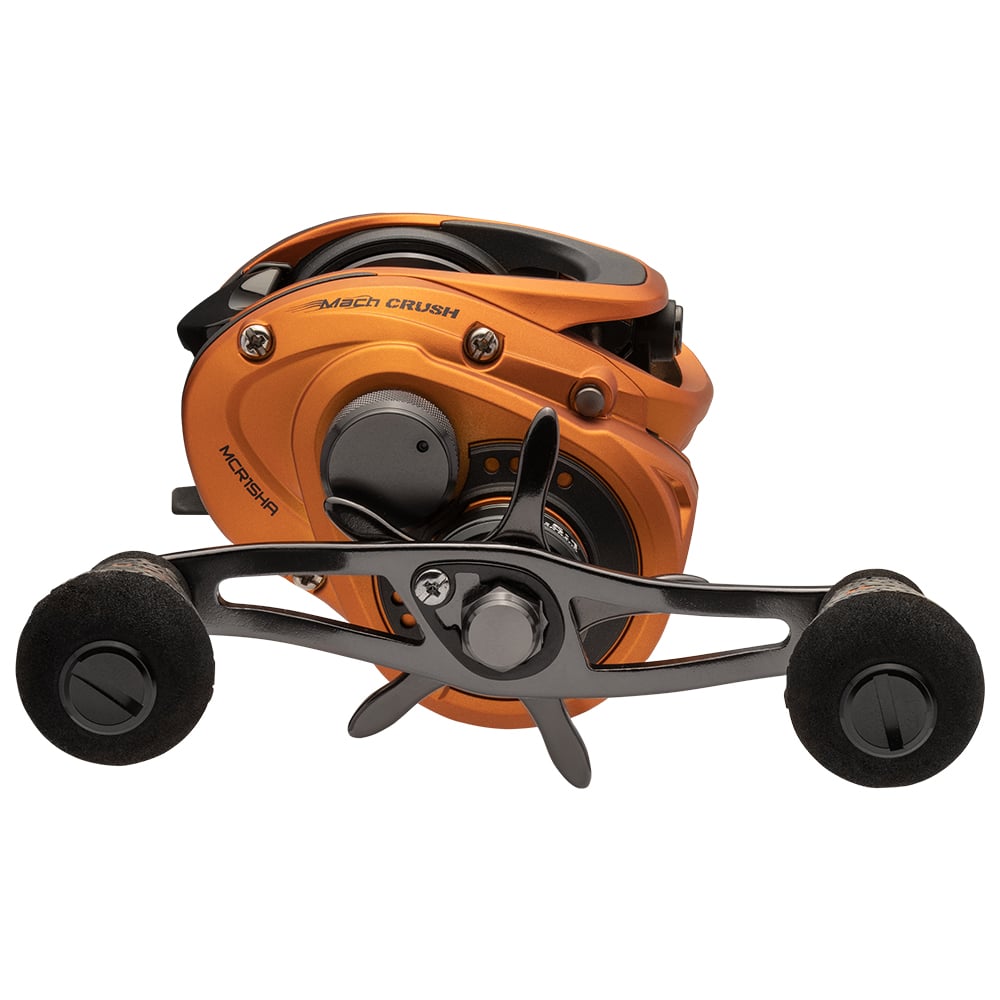 Lew’s Mach Crush SLP Series Casting Reel 7.5:1 Right Hand (MCR1SHA) combines orange and black styling, dual foam grips, a compact design, metallic accents, and a high-speed gear ratio for top performance.