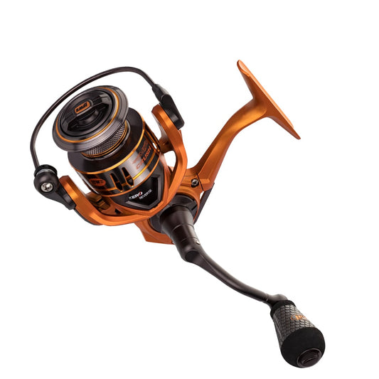 A close-up of the Lew's Mach Crush Spinning Series Reel (MCR400A) in orange and black, featuring a textured handle, detailed spool, and smooth 6.2:1 gear ratio, shown against a white background.