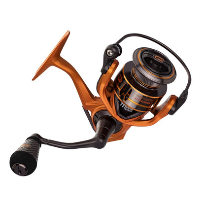 A Lew's Mach Crush Spinning Series Spinning Reel 6.2:1 (MCR200A) in orange and black, shown with a textured handle and premium 11-bearing system, isolated on a white background.