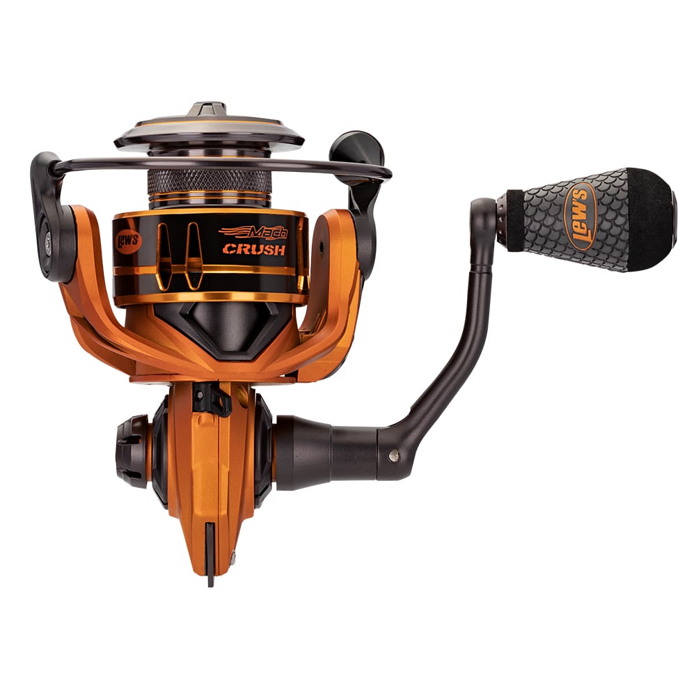 Lew's Mach Crush Spinning Series Spinning Reel MCR200A in orange and black, with a side handle, detailed grip, 11-bearing system, and 6.2:1 gear ratio shown against a white background.